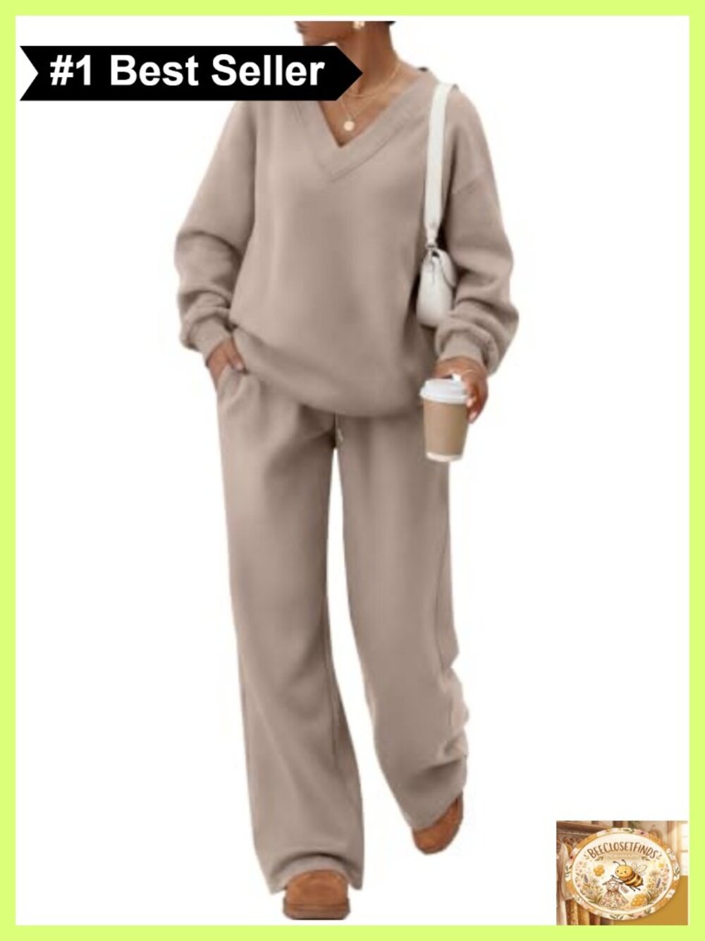Women's 2 Piece Sweatsuit Oversized V-Neck Pullover Wide Leg Sweatpants Set